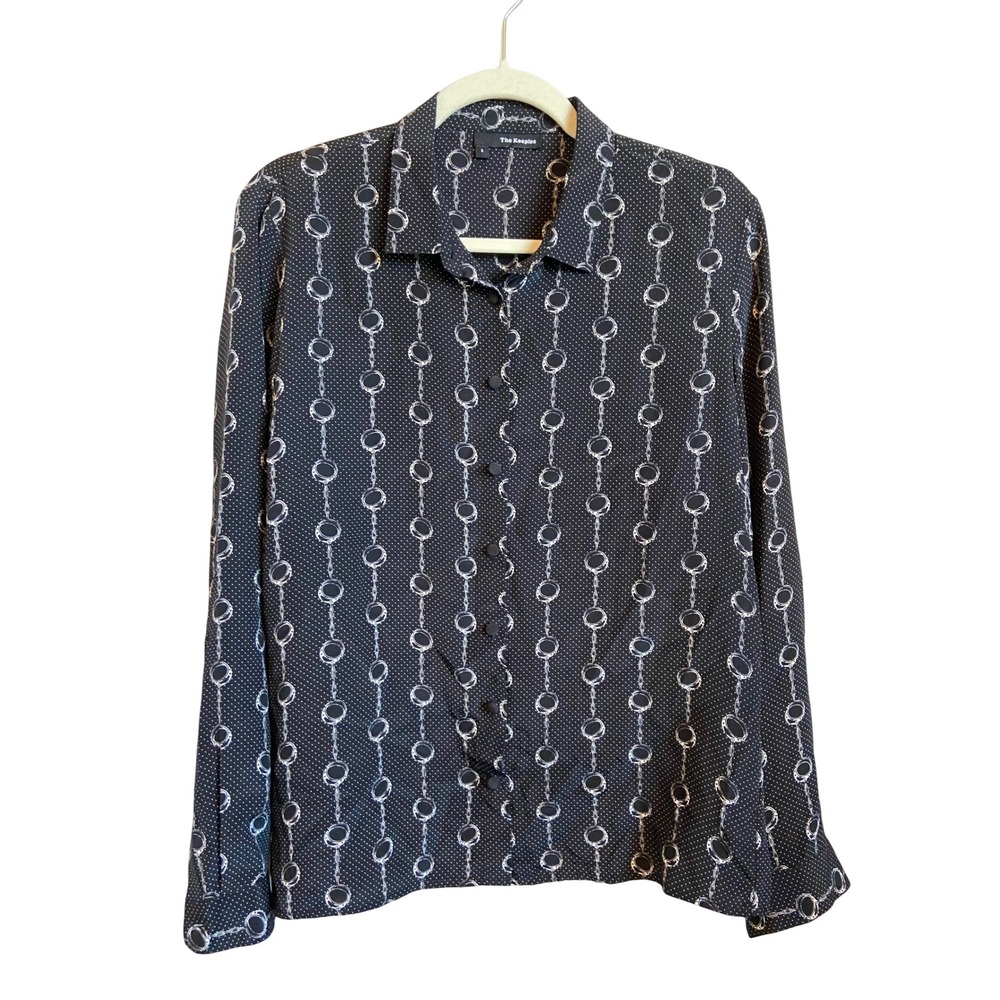 The Kooples Black Silk Handcuff Chain Print Polka Dot Blouse Size 3 L